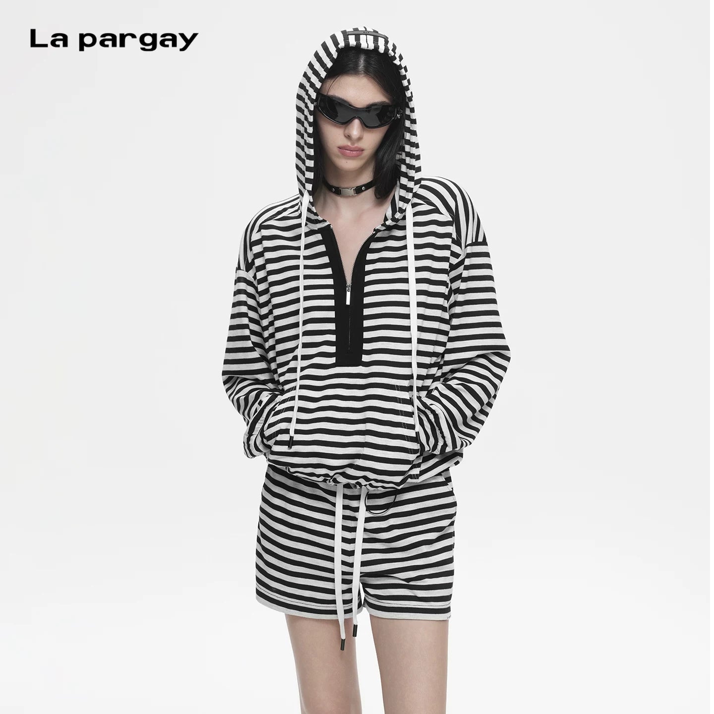 Lapargay half zip hoodie loose drop shoulder drawstring waist cinching black and white contrast L78201903C