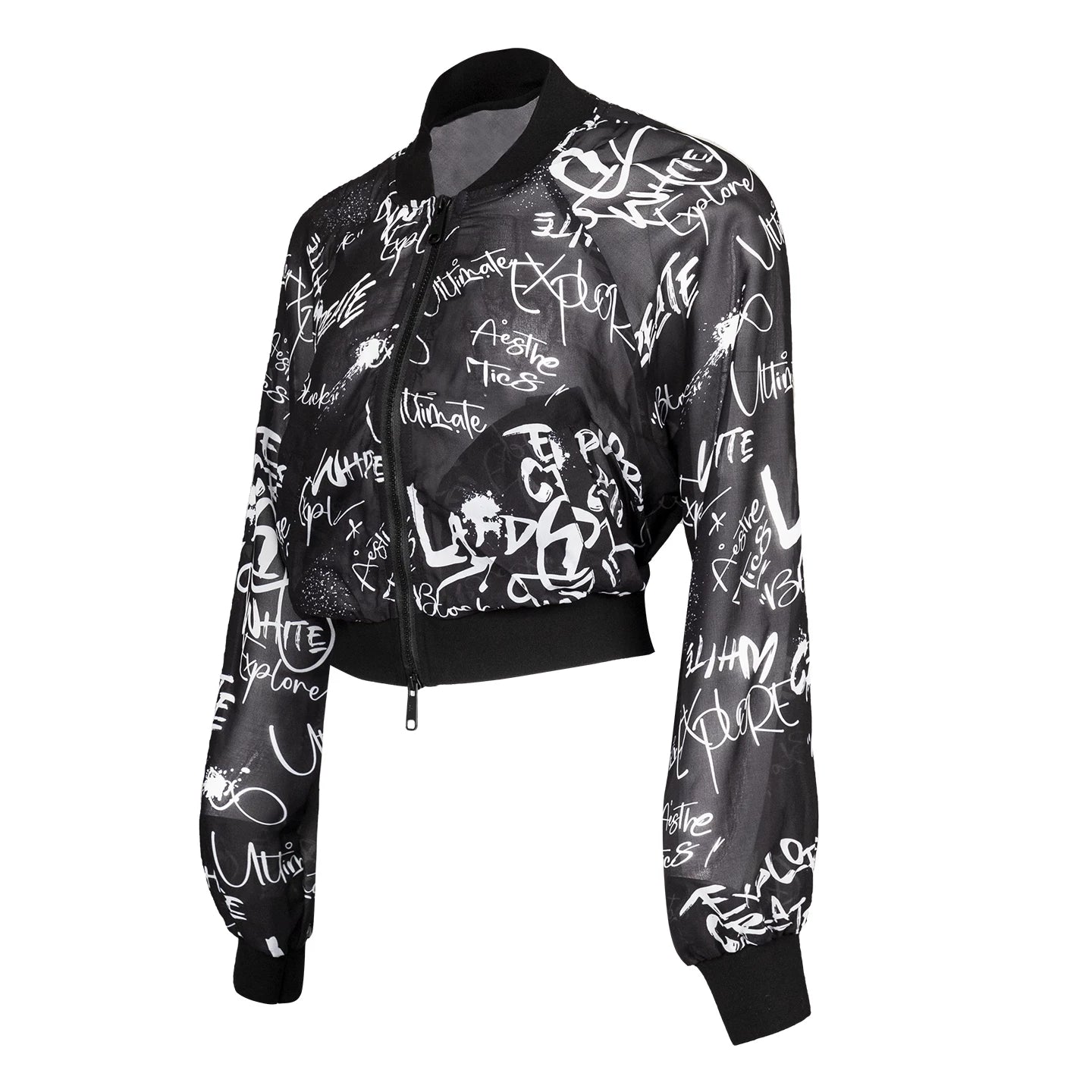 Lapargay Black and White Graffiti Full Print Sheer Mesh Short Style Cool Baseball Jacket L75201210V
