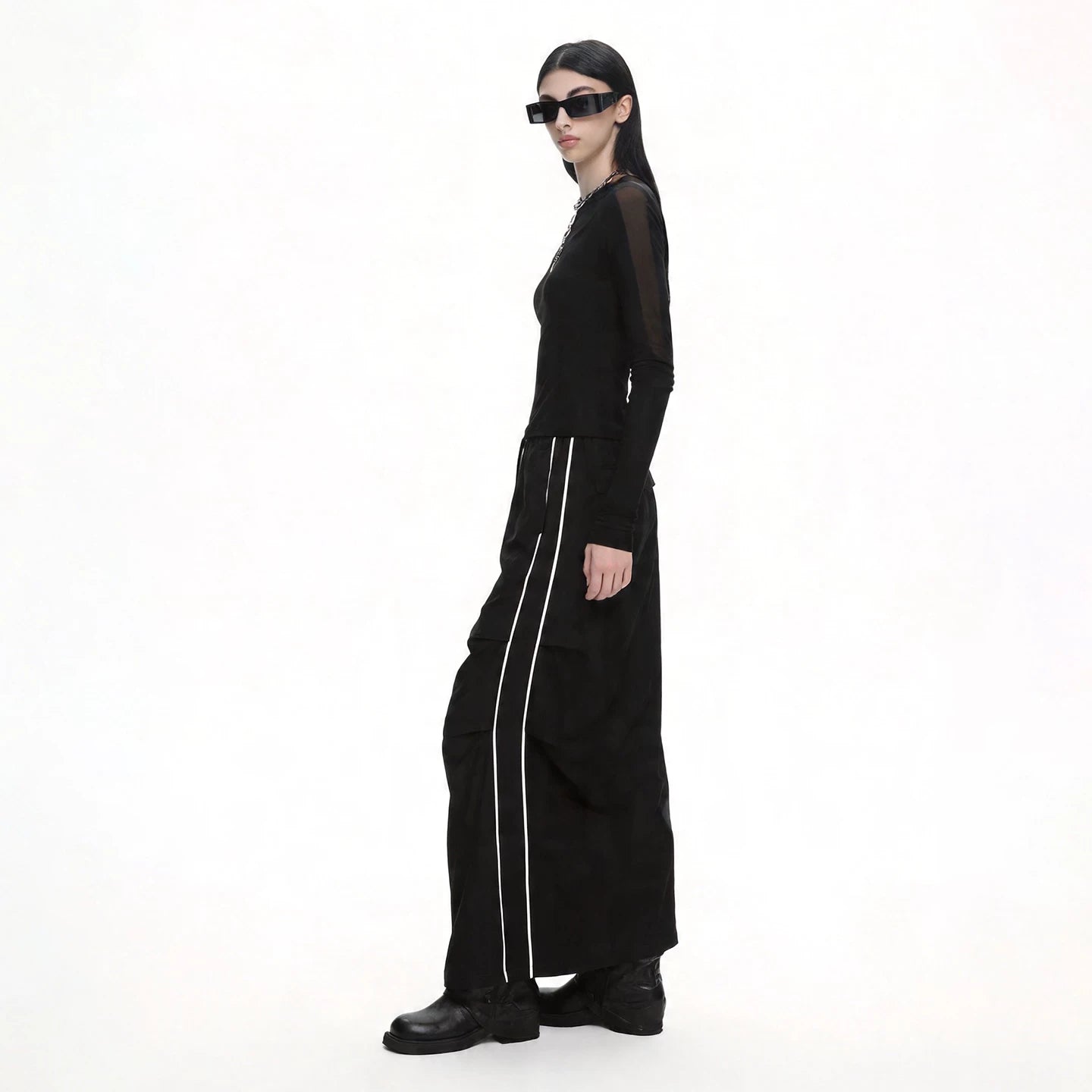 Lapargay Long Slit Cargo Skirt, Contrast Double Stripe, Drawstring Elastic Waist L75209109C