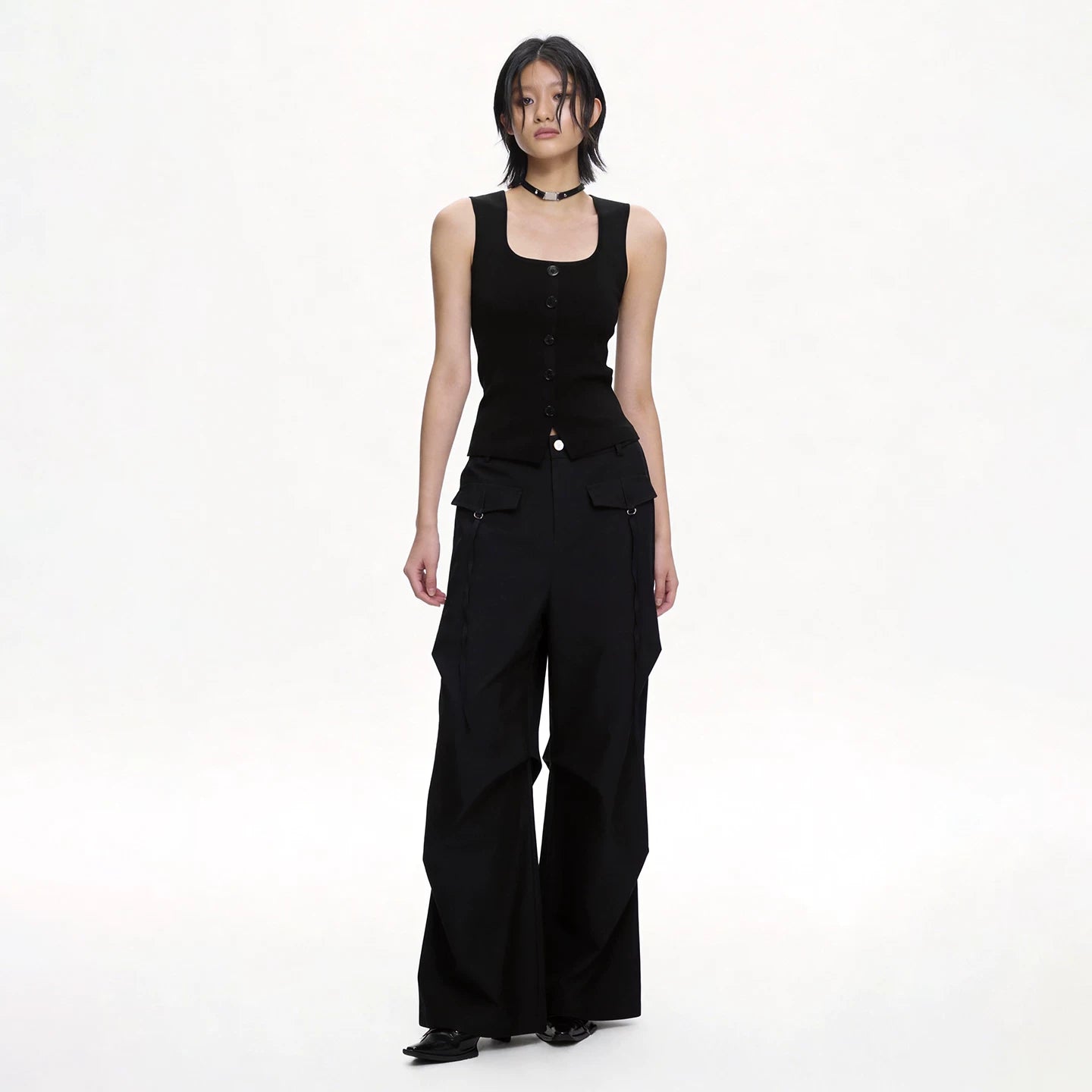 Lapargay utility casual wide-leg pants double side sash pockets pleats modify leg shape L78202610V