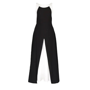 Lapargay Black and White Contrast Camisole Long Dress Slit Layered Design Waist-Defined Slimming L78209004C - Lapargay