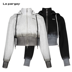 Lapargay black and white gradient technique short waist-cinching jacket double zip stand collar hooded L78101236C - Lapargay