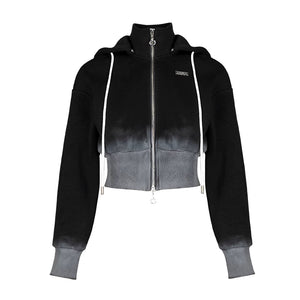 Lapargay black and white gradient technique short waist-cinching jacket double zip stand collar hooded L78101236C - Lapargay