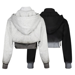 Lapargay black and white gradient technique short waist-cinching jacket double zip stand collar hooded L78101236C - Lapargay