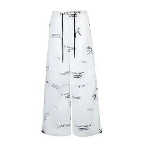 Lapargay black and white graffiti casual pants side zipper decoration neat short fit L78202203V - Lapargay