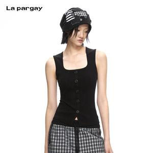 Lapargay Black and White Patchwork Knit Beanie with Unique Buttons, Loose Fit L78106002X - Lapargay