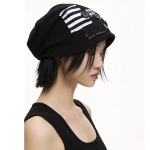 Lapargay Black and White Patchwork Personalized Buttons Loose Knit Hat L78106002X - Lapargay