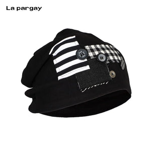 Lapargay Black and White Patchwork Personalized Buttons Loose Knit Hat L78106002X - Lapargay