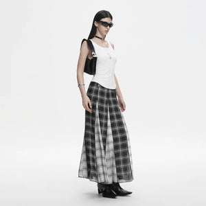 Lapargay Black and White Plaid Skirt High Waist Long Skirt Contrast Color Patchwork Design L78209108V - Lapargay