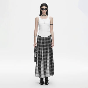 Lapargay Black and White Plaid Skirt High Waist Long Skirt Contrast Color Patchwork Design L78209108V - Lapargay
