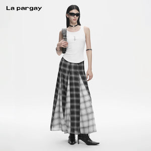 Lapargay Black and White Plaid Skirt High Waist Long Skirt Contrast Color Patchwork Design L78209108V - Lapargay