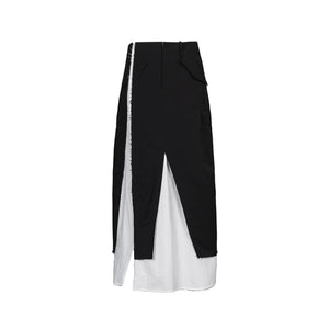 Lapargay black and white spliced utility half-skirt, built-in white slip skirt, irregular frayed design L78109108V - Lapargay