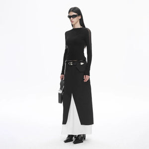 Lapargay black and white spliced utility half-skirt, built-in white slip skirt, irregular frayed design L78109108V - Lapargay