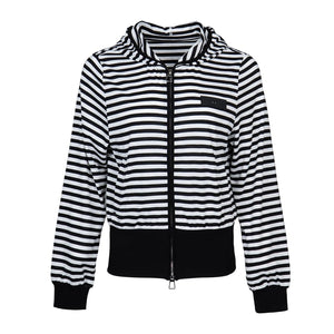 Lapargay Black and White Stripe Contrast, Hooded Zipper Design, Ribbed Waist Slimming Jacket L78201205C - Lapargay