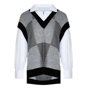 Lapargay Black and White Textured Knit Vest Half-Zip Mock Neck Shirt Layered Two-Piece L66308253C - Lapargay