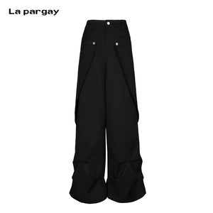 Lapargay Black Cargo Wide-Leg Pants with Pleated Hem Design for Leg Line Enhancement L78102636B - Lapargay