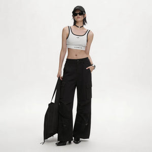 Lapargay Black Casual Cargo Pants High-Waist Flared Style Double Side Patch Pockets L75102607C - Lapargay