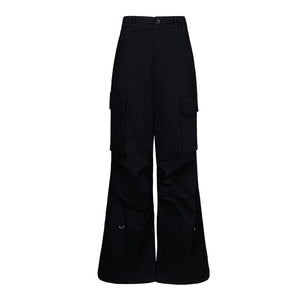 Lapargay Black Casual Cargo Pants High-Waist Flared Style Double Side Patch Pockets L75102607C - Lapargay