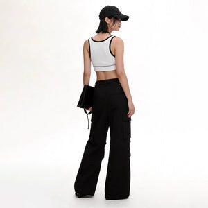 Lapargay Black Casual Cargo Pants High-Waist Flared Style Double Side Patch Pockets L75102607C - Lapargay