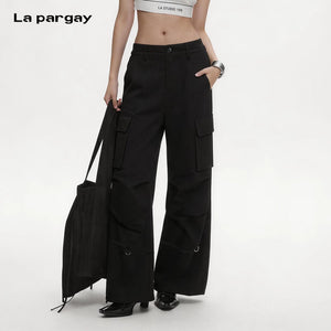 Lapargay Black Casual Cargo Pants High-Waist Flared Style Double Side Patch Pockets L75102607C - Lapargay