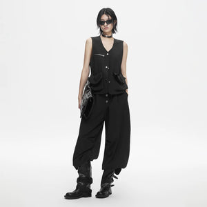 Lapargay black high-waisted casual pants button-front wide-leg pleated slimming trousers L78202605V - Lapargay
