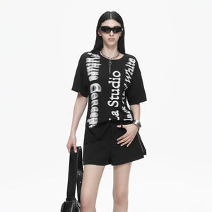 Lapargay Black Loose T-Shirt with Displaced Letter Print, Casual and Versatile Top L78200216V - Lapargay