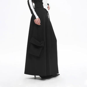 Lapargay black techwear long skirt, pleated wide hem, double large utility pockets on sides L78109111V - Lapargay