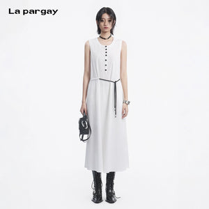 Lapargay Breathable Crinkled Dress Contrast Color Tie Waist Flowing Long Skirt L78209003C - Lapargay