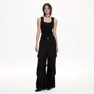 Lapargay Cargo Casual Wide Leg Pants Double Side Ribbon Pockets Pleated Leg Shaping L78202610V - Lapargay