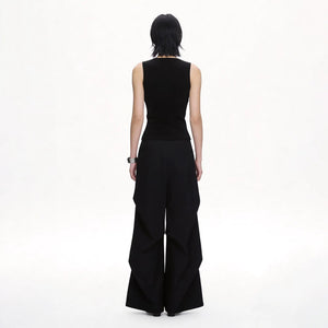 Lapargay Cargo Casual Wide Leg Pants Double Side Ribbon Pockets Pleated Leg Shaping L78202610V - Lapargay