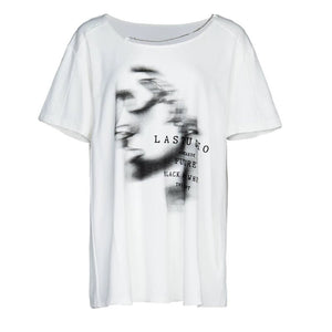 Lapargay Casual and Relaxed Top, Off-Shoulder Chain Detail, Distressed Portrait Print L78200212V - Lapargay