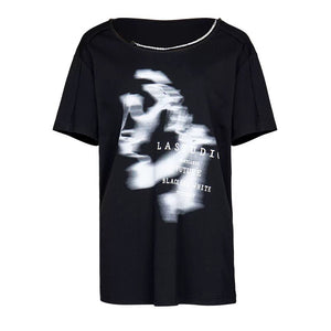 Lapargay Casual and Relaxed Top, Off-Shoulder Chain Detail, Distressed Portrait Print L78200212V - Lapargay