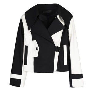 Lapargay Color-Block Short Jacket with Wide Notched Collar, Niche Deconstructivist Style Top L78101225C - Lapargay