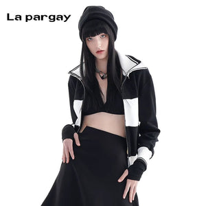Lapargay Colorblock Stand Collar Short Jacket 2026 New Women Personality Fashion Simple Design Top - Lapargay
