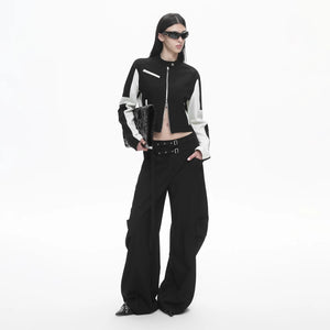 Lapargay contrast color motorcycle short jacket, stand collar double zipper, high-waisted crop top for spicy girl L78101234V - Lapargay