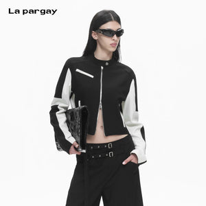 Lapargay contrast color motorcycle short jacket, stand collar double zipper, high-waisted crop top for spicy girl L78101234V - Lapargay