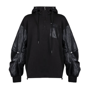 Lapargay contrast leather pocket hoodie, half-zip stand collar, relaxed drop-shoulder sweatshirt L78101981V - Lapargay