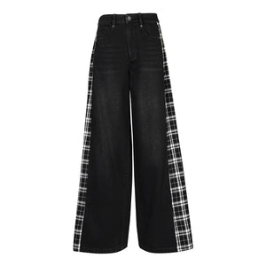 Lapargay Contrast Plaid Casual Pants, Vintage Wash, Street Style Loose Jeans L78102908V - Lapargay