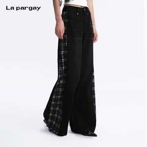 Lapargay Contrast Plaid Casual Pants, Vintage Wash, Street Style Loose Jeans L78102908V - Lapargay