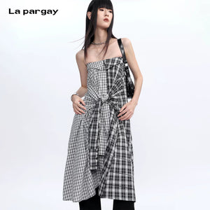 Lapargay Contrast Plaid Shirtdress with Irregular Patchwork, Off-Shoulder Edgy Style L78109008V - Lapargay