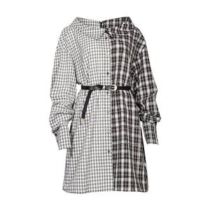 Lapargay Contrast Plaid Shirtdress with Irregular Patchwork, Off-Shoulder Edgy Style L78109008V - Lapargay
