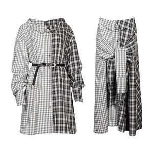 Lapargay Contrast Plaid Shirtdress with Irregular Patchwork, Off-Shoulder Edgy Style L78109008V - Lapargay