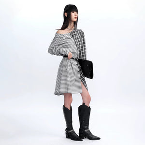 Lapargay Contrast Plaid Shirtdress with Irregular Patchwork, Off-Shoulder Edgy Style L78109008V - Lapargay