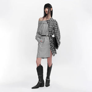 Lapargay Contrast Plaid Shirtdress with Irregular Patchwork, Off-Shoulder Edgy Style L78109008V - Lapargay