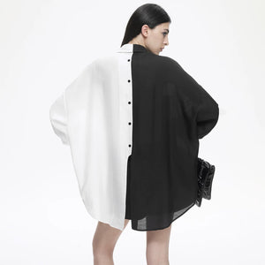 Lapargay contrast spliced shirt with asymmetrical cut and back button design L78201006C - Lapargay