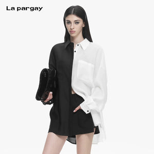 Lapargay contrast spliced shirt with asymmetrical cut and back button design L78201006C - Lapargay