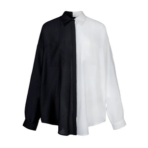 Lapargay contrast spliced shirt with asymmetrical cut and back button design L78201006C - Lapargay