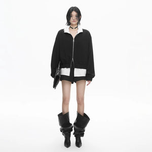 Lapargay Contrast Stand Collar Short Jacket with Double Zipper, Loose Casual Street Style L78101218V - Lapargay