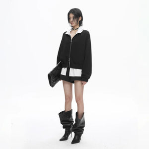 Lapargay Contrast Stand Collar Short Jacket with Double Zipper, Loose Casual Street Style L78101218V - Lapargay