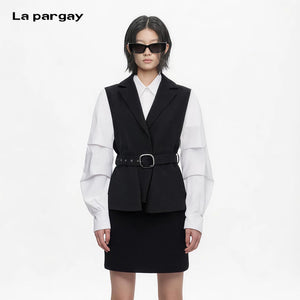 Lapargay Contrast Stitching Shirt-Style Blazer Waist-Cinching Belt Commuting Style Top L63301222B - Lapargay